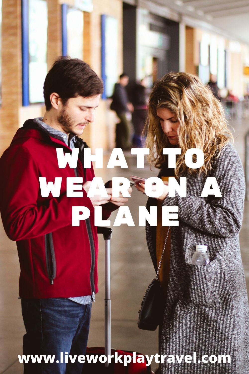 A Man And A Woman Standing At The Airport In Casual And Stylish Clothes.