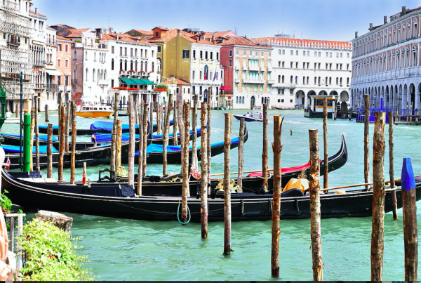 Gondolas Moored In Venice.