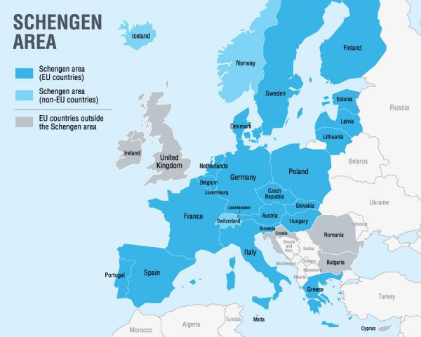 Map of Europe Showing Schengen Area