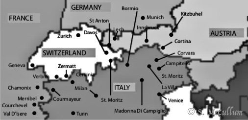 Map Of Central Europe, France, Germany, Austria, Switzerland And Italy Showing Where Ski Resorts Are.