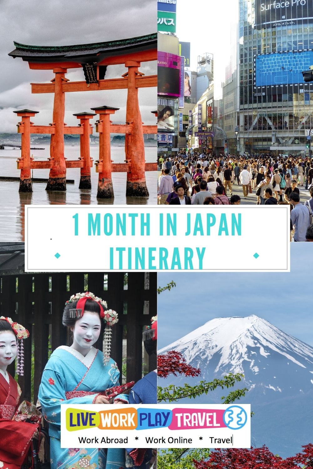 One Month Japan Itinerary Will Take You To Many Places In Japan. You Will See People Dressed In Kimons. Torii Gates. Mt Fuji and Shibuya Crossing In Tokyo.