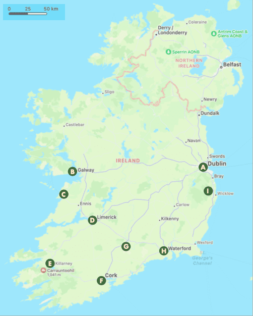 Map of Ireland Showing Where Major Cities Are That We Are Visiting On This 7 Day Ireland Itinerary.