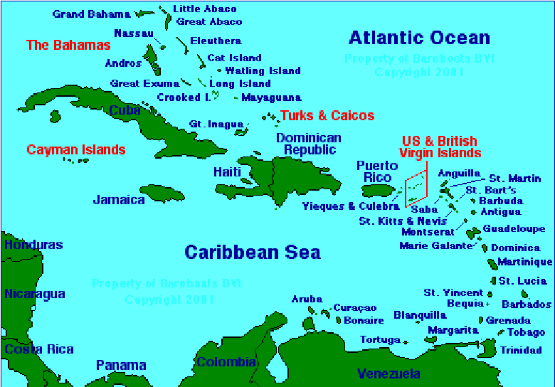Map of Caribbean Islands Showing Atlantic Ocean, Caribbean Sea and the hundreds of Islands You Could Visit.