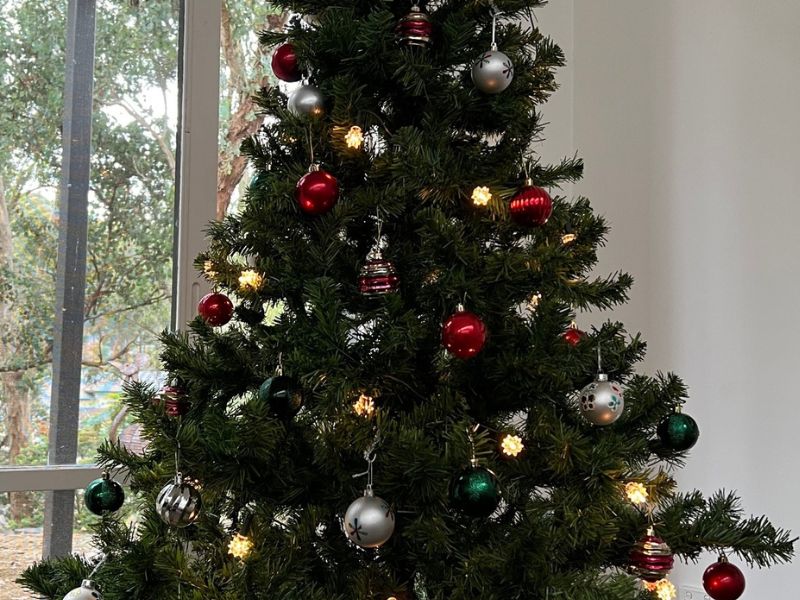 Christmas Tree with baubles close up for surviving Christmas when you're travelling or living abroad alone.