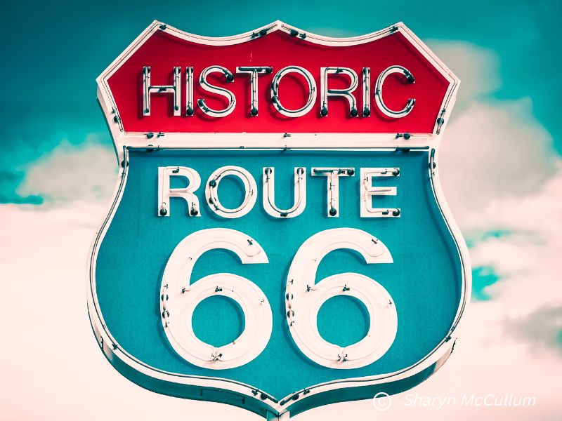 Historic Route 66 Road Trip Sign.