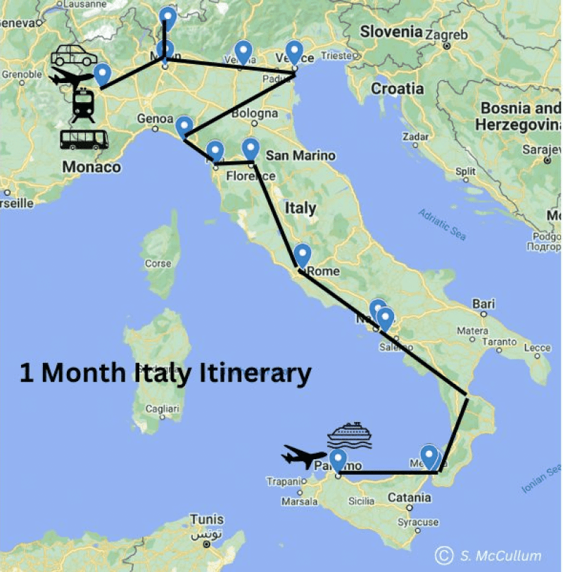 1 Month Italy Itinerary Map Showing the Stops on this itinerary.