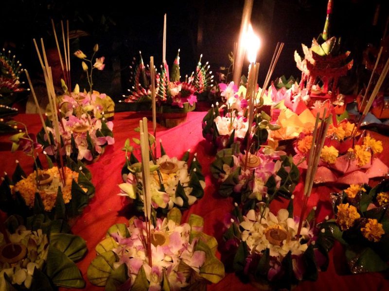 Festival bouqets of flowers and lights at Loy Krathong Festival, Thailand.