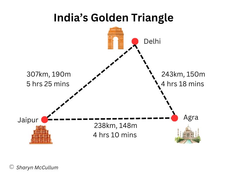 Map of India's Golden Triangle - three cities Delhi, Agra and Jaipur.