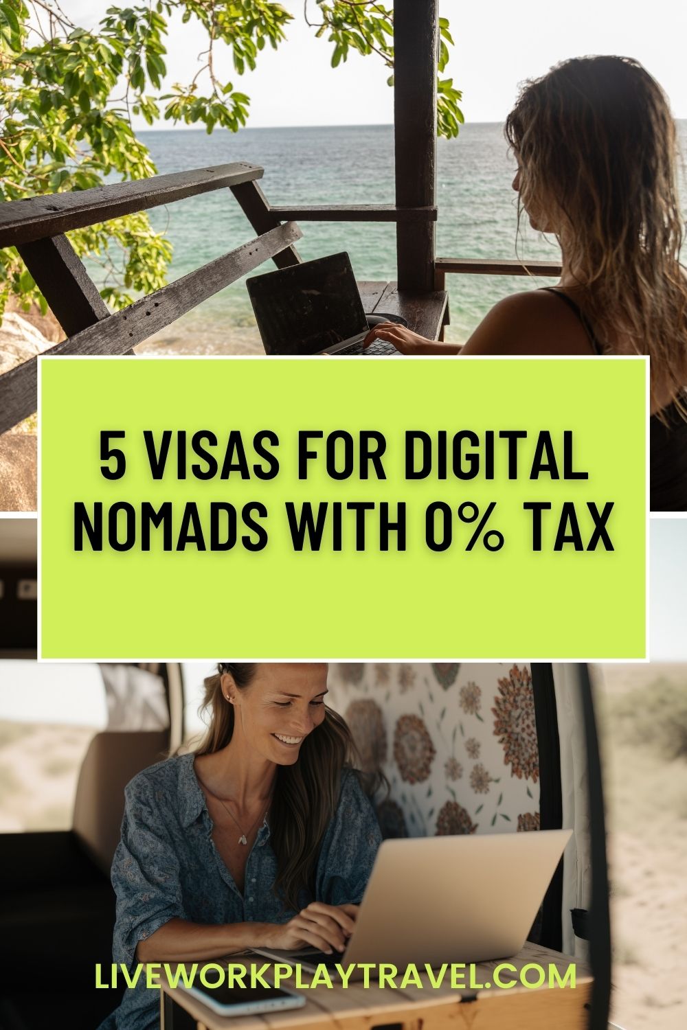 female sitting at beach and female sitting in a van being digital nomads.