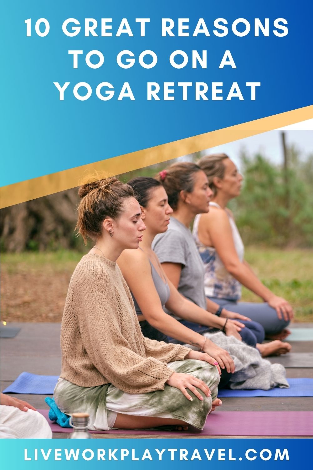 4 women sitting cross legged on yoga mats at a yoga retreat