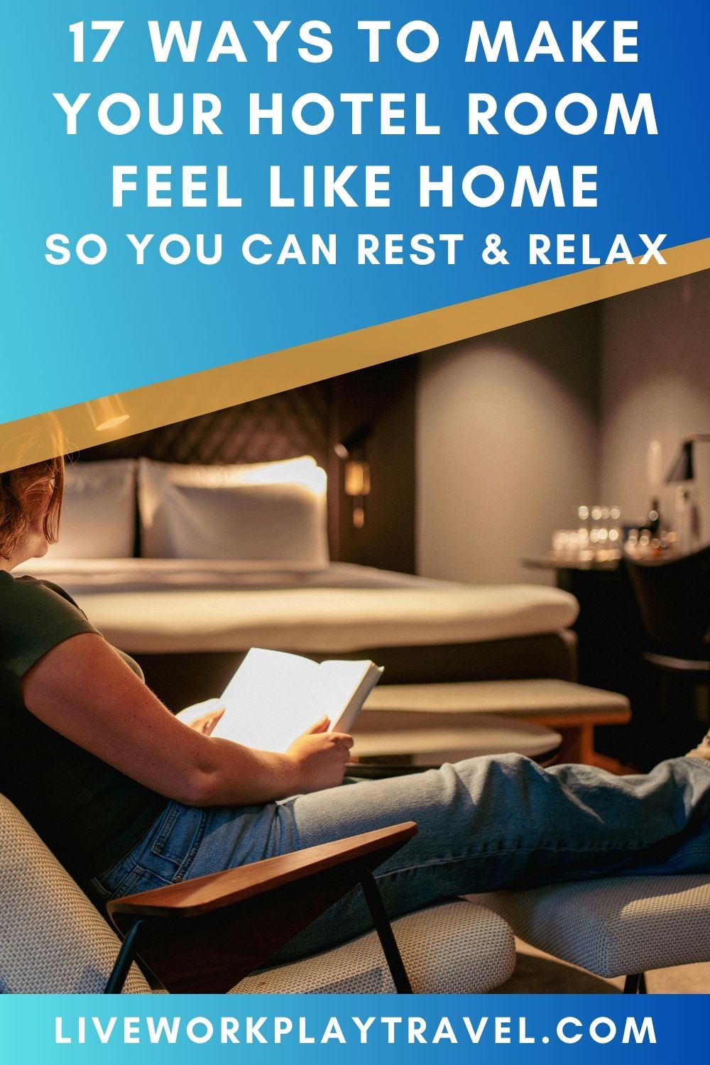 person sitting on a couch reading a book in their hotel room PIN