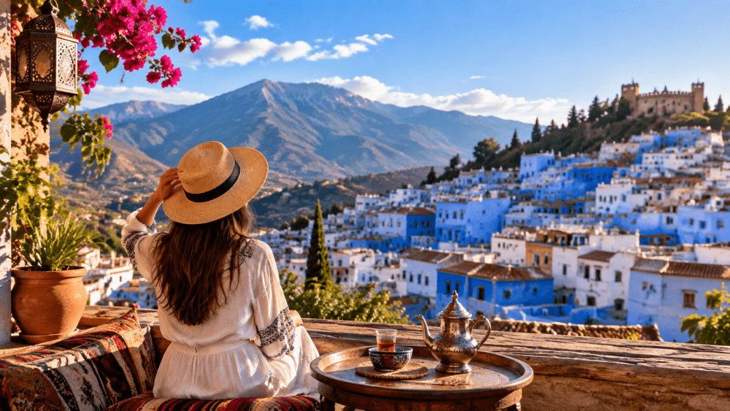 Chefchaouen Morocco blue city travel landscape with mountains Female sitting looking at view over Chefchaouen Morocco