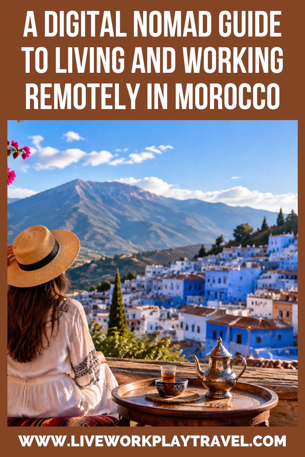 Female looking at Moroccon mountains while working remotely