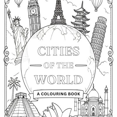 Black and white colouring book of cities of the world