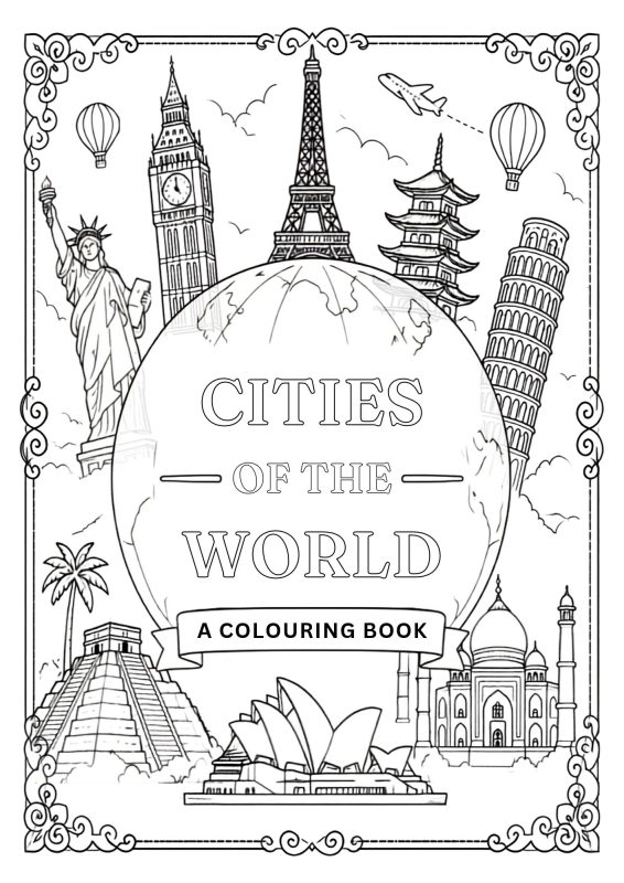 Black and white colouring book of cities of the world
